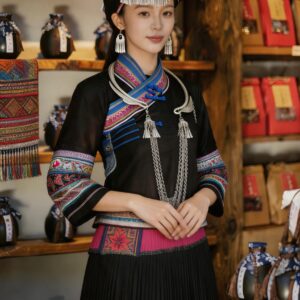 Traditional Zhuang Ethnic Clothing Set - Handmade Embroidered Top & Xiangyunsha Pleated Skirt