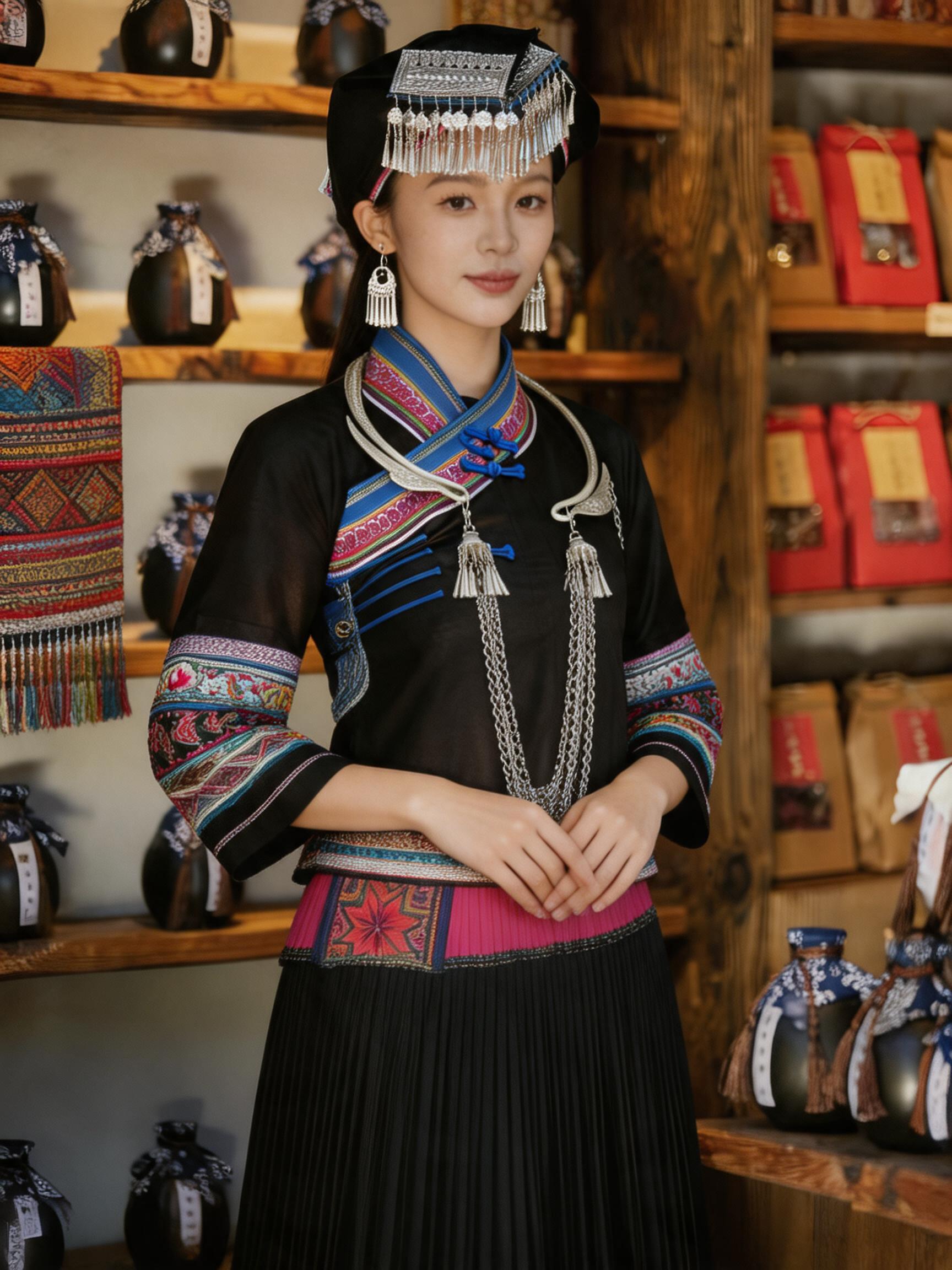 Traditional Zhuang Ethnic Clothing Set - Handmade Embroidered Top & Xiangyunsha Pleated Skirt