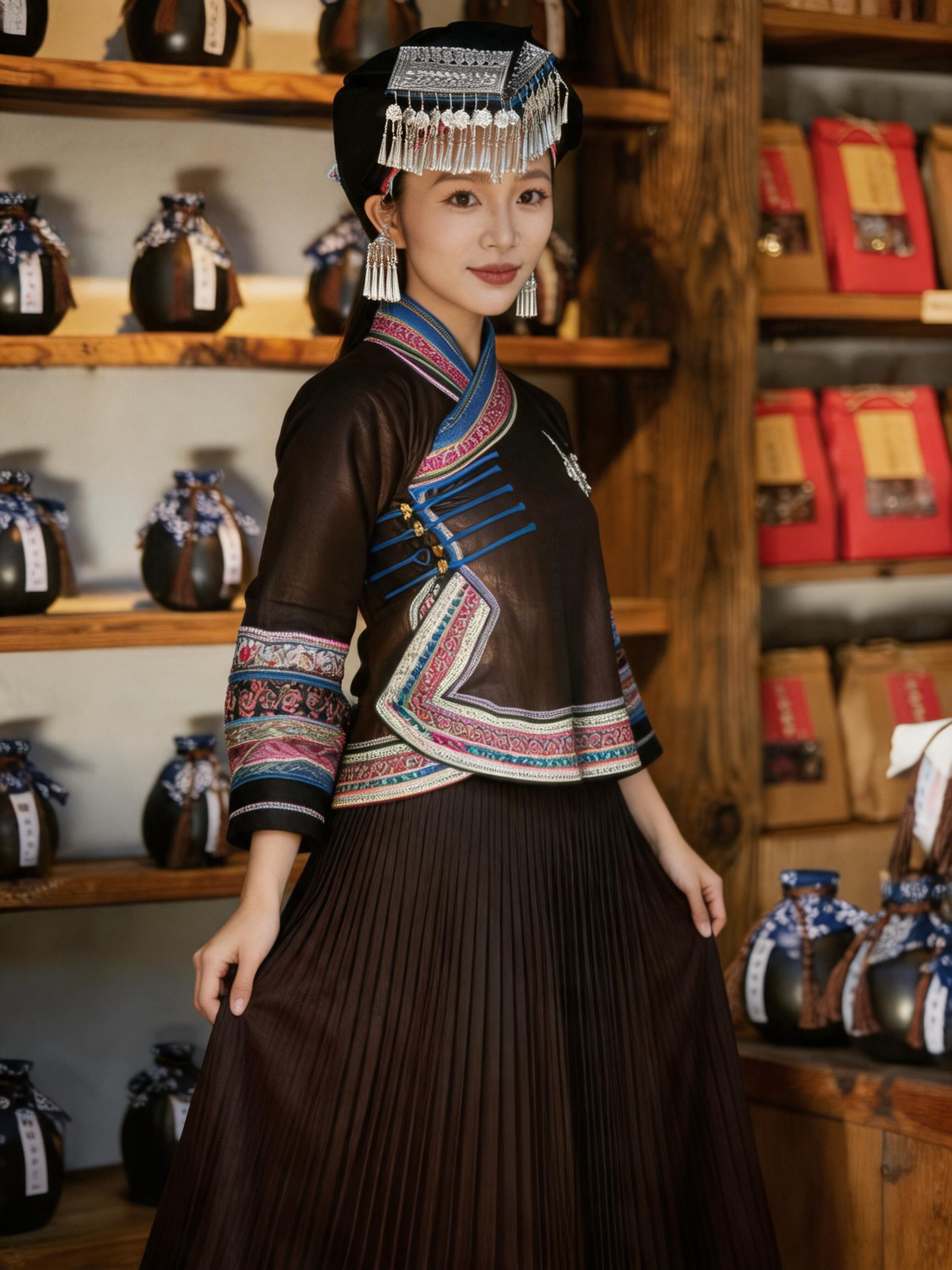 Traditional Zhuang Ethnic Clothing Set - Handmade Embroidered Top & Xiangyunsha Pleated Skirt - Image 3