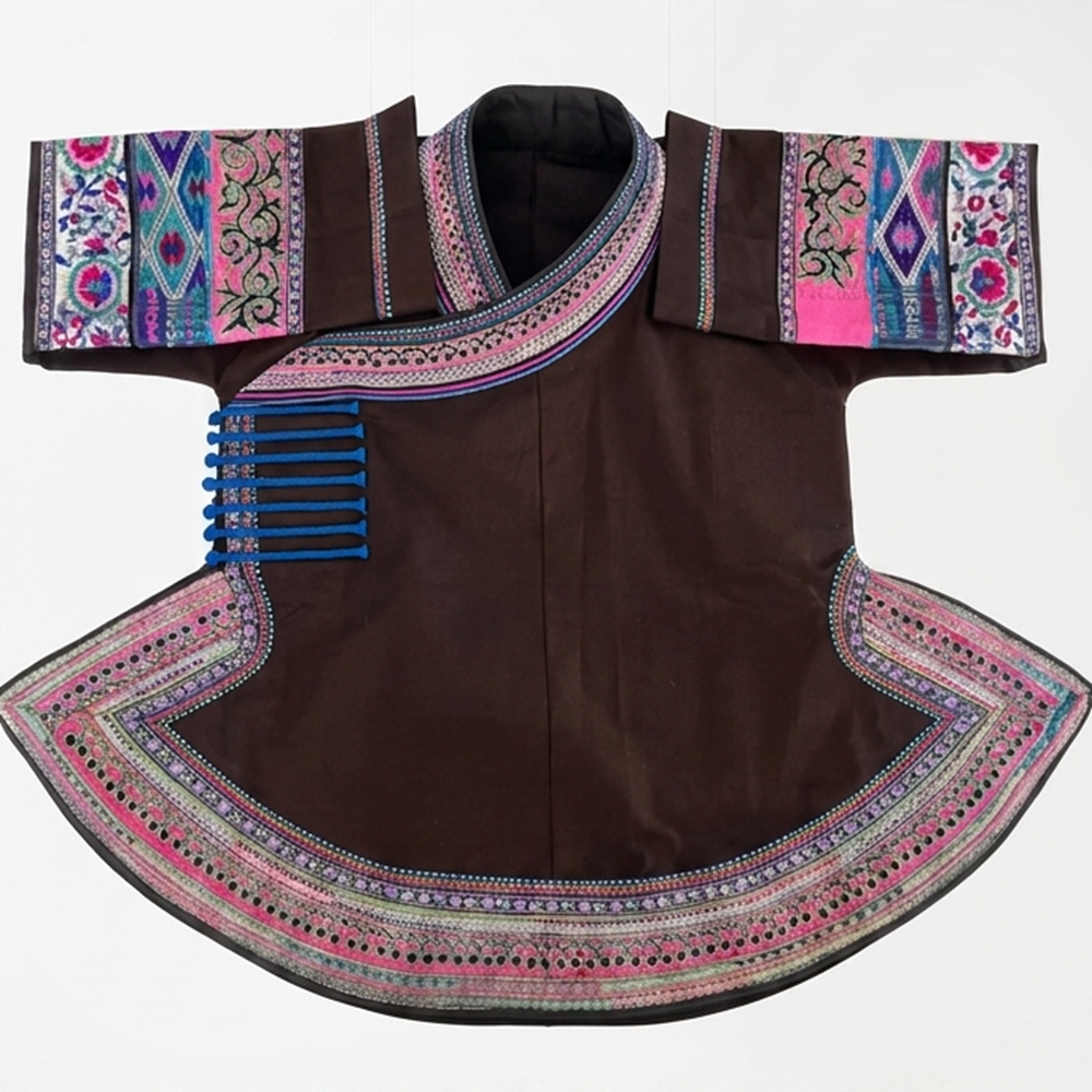 Traditional Zhuang Ethnic Clothing Set - Handmade Embroidered Top & Xiangyunsha Pleated Skirt - Image 8