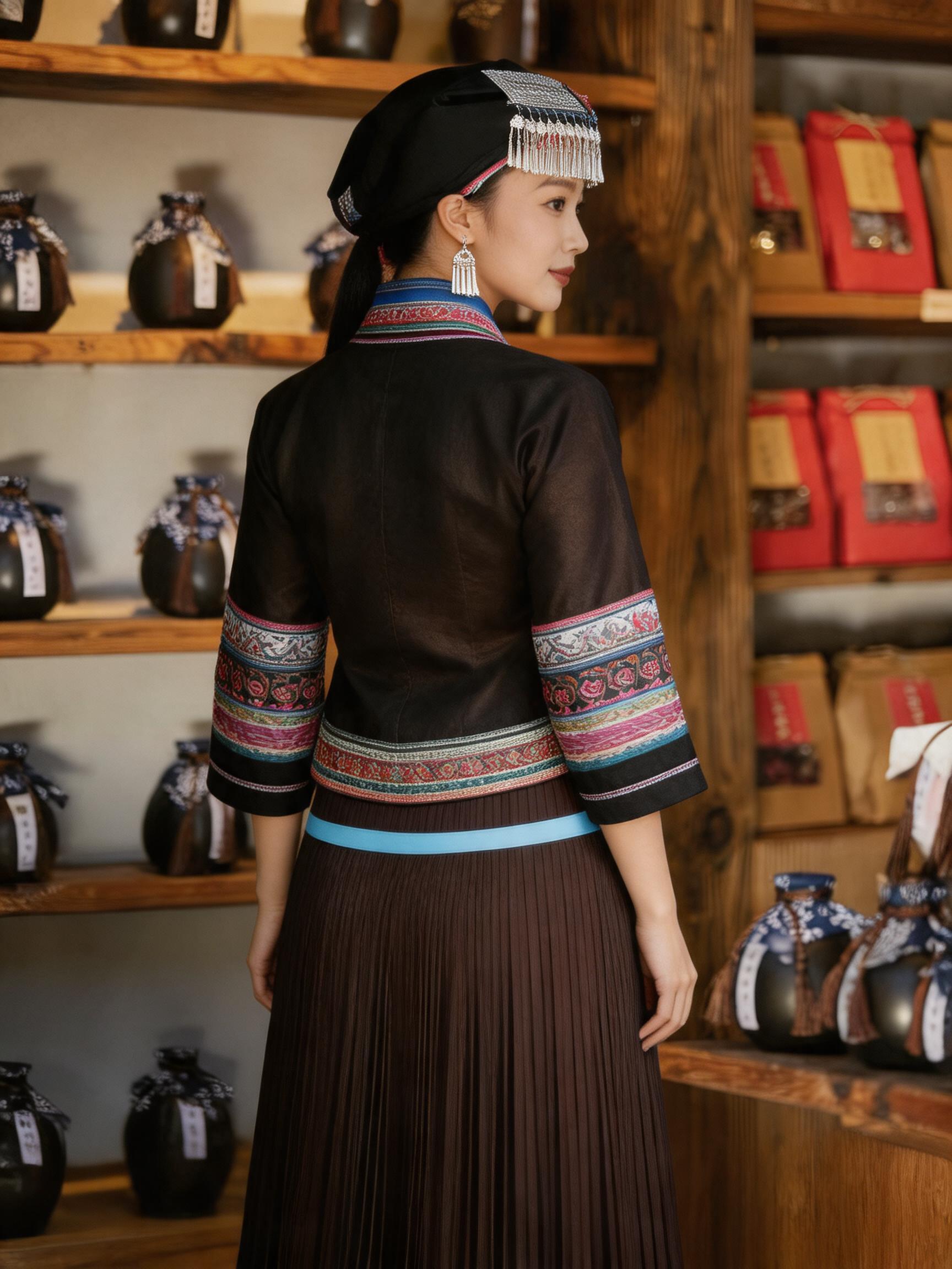 Traditional Zhuang Ethnic Clothing Set - Handmade Embroidered Top & Xiangyunsha Pleated Skirt - Image 4