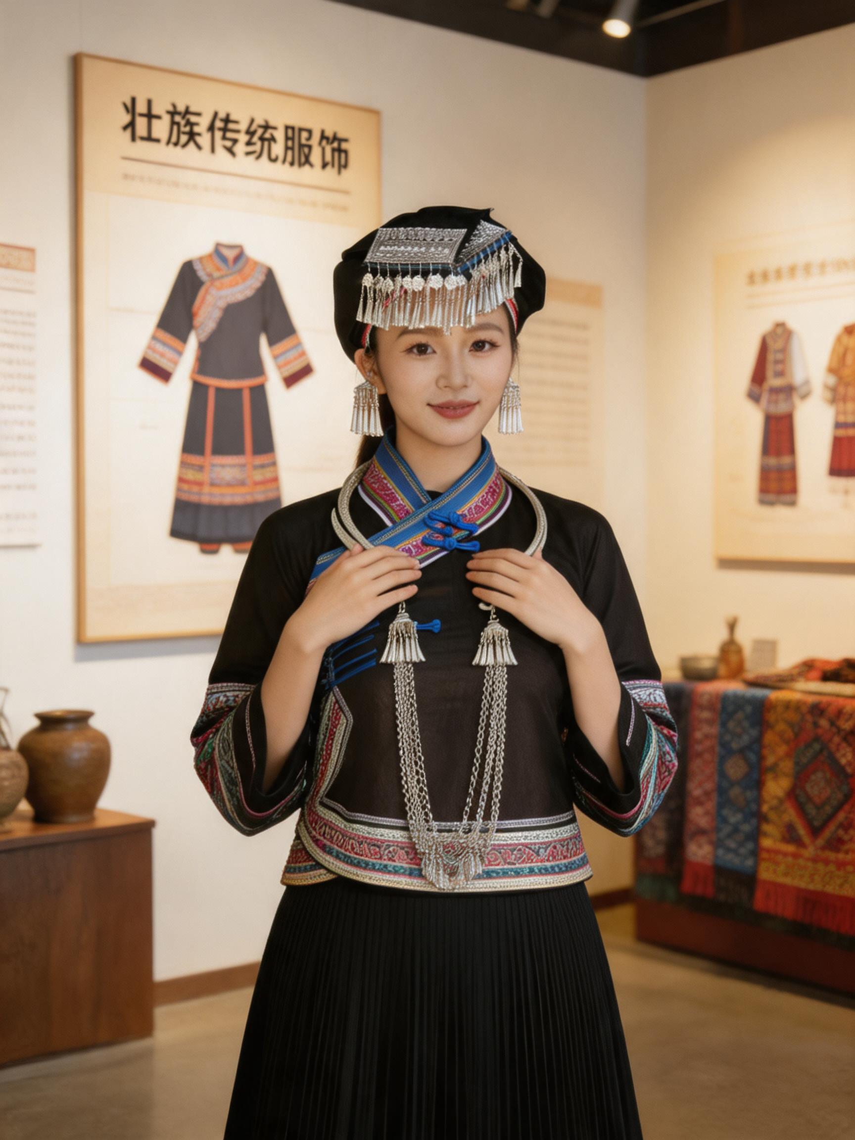 Traditional Zhuang Ethnic Clothing Set - Handmade Embroidered Top & Xiangyunsha Pleated Skirt - Image 5